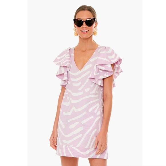 Oliphant Zebra Lilac Flirty V Neck Ruffle Sleeve Mini Dress Size S - Picture 2 of 15